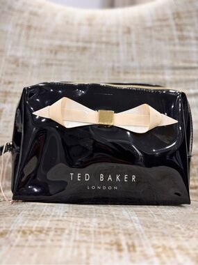 Ted Baker Black Patent Toiletry Pouch with Cream Bow Accent